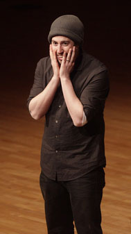 Jason Reitman with his hands on his face while delivering an Ubben Lecture